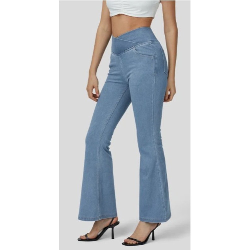 HALARA High Waisted Crossover Pocket Washed Stretchy Denim Super Flare Pants M